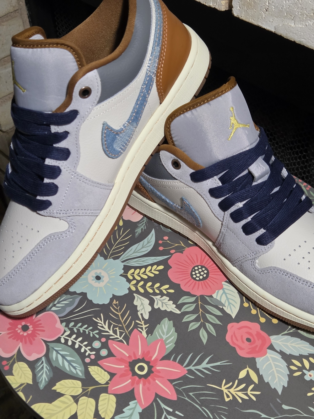 Brand New AJ1 Low Sneakers - Light Gray, Brown & Navy(demim Swoosh)